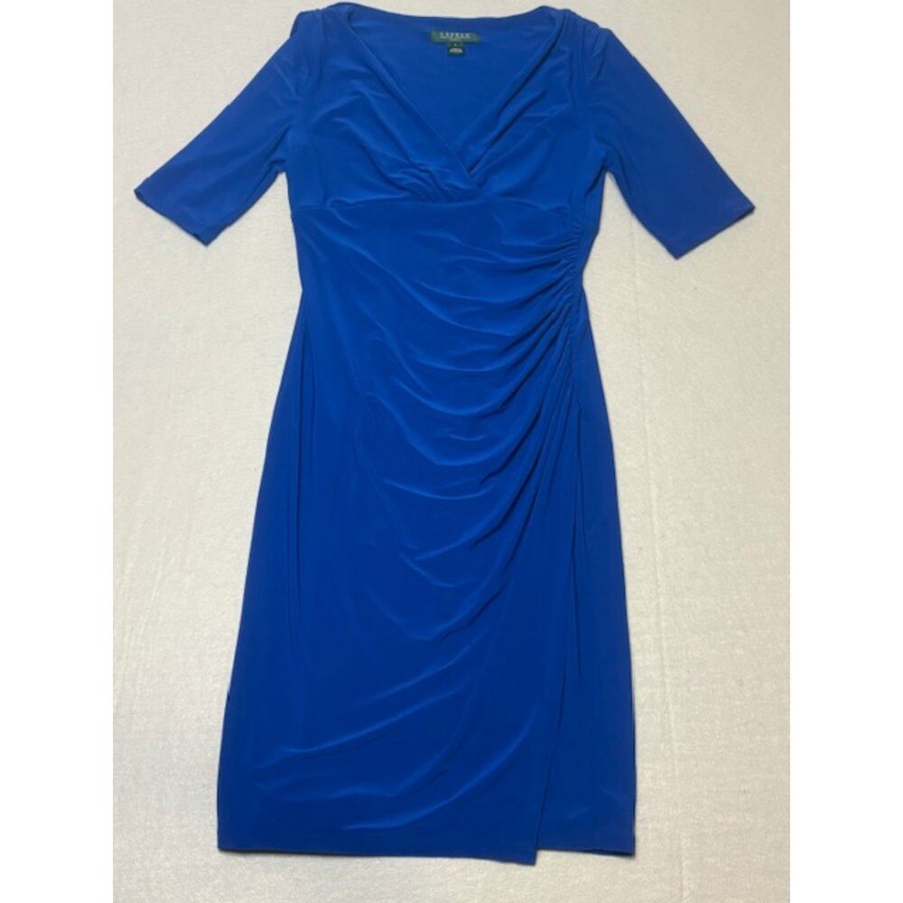 Lauren Ralph Lauren Ruche Wrap Dress Size 4 Royal Blue Stretch Wedding Cocktail